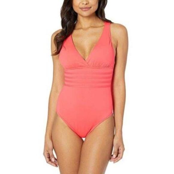 La Blanca Coral Reef Pink Island Goddess Cross-Back One Piece V-Neck Swimsuit 2 - Picture 1 of 10